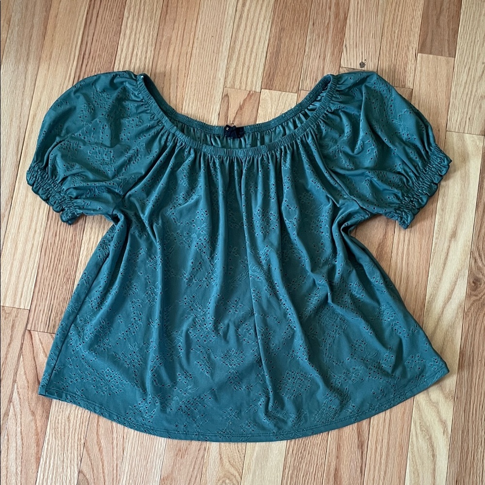W5 Puff Sleeve Peasant Top Womens Medium Blue Teal Eyelet Cottagecore Boho